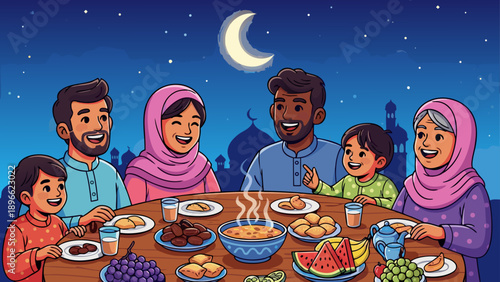 Happy Muslim family enjoying Iftar meal together under the crescent moon and starry night sky