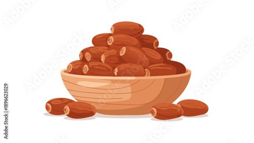 A wooden bowl overflowing with ripe, brown dates, some scattered around it