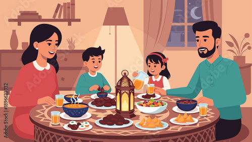 Family enjoying a traditional Iftar meal together at a round table with Ramadan lantern