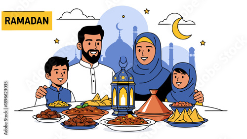 Happy Muslim Family Celebrating Ramadan with Iftar Meal and Traditional Lantern