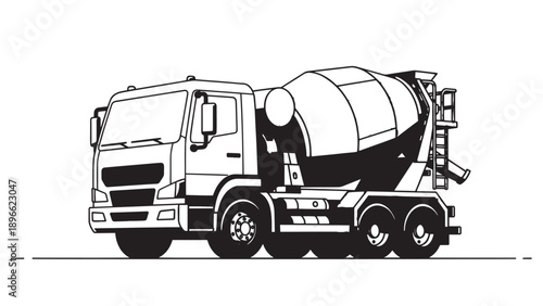 Illustration of a concrete mixer truck driving on a road in a monochrome industrial scene.