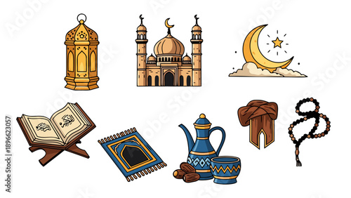 Islamic cultural symbols collection with mosque, Quran, lantern, prayer rug, and crescent moon