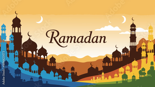 Ramadan Kareem greeting with Islamic mosque silhouettes and crescent moons