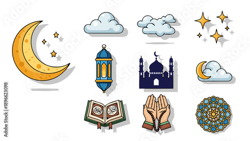 Islamic cultural symbols collection with crescent moon, mosque, and prayer beads