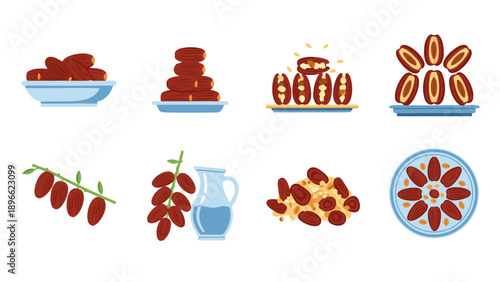 Assortment of delicious dates and date products displayed in various arrangements