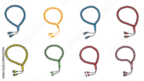 Collection of colorful Islamic prayer beads, also known as tasbih or misbaha