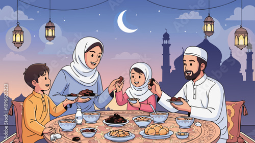 Muslim family breaking fast together at sunset with dates and traditional food