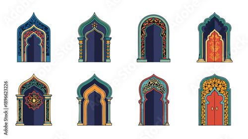 Collection of ornate Islamic archways and doorways with intricate geometric patterns and vibrant colors
