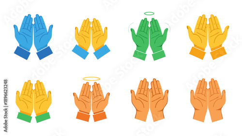 Collection of diverse hands in prayer or offering gestures with varied colors and halos