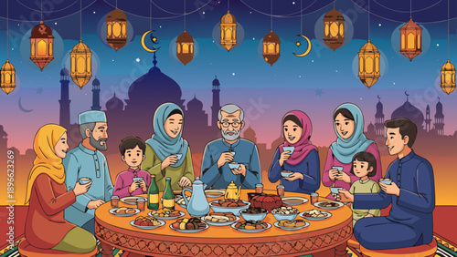 Muslim family enjoying a festive Iftar meal together under Ramadan lanterns and mosque silhouettes