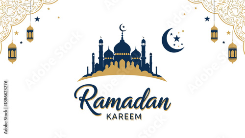 Ramadan Kareem greeting with mosque, crescent moon, stars, and lanterns