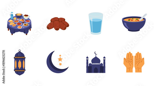 Ramadan icons: Iftar meal, dates, water, soup, lantern, moon, mosque, prayer hands