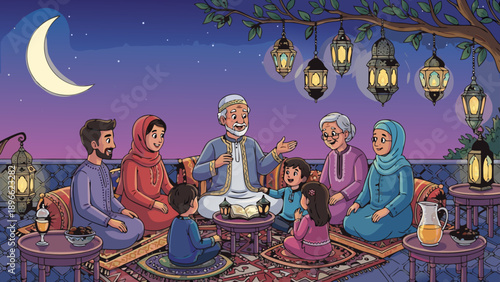 Multi-generational Muslim family gathers for storytelling under the crescent moon and lanterns