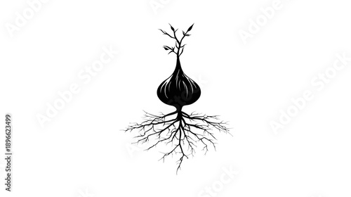A stylized illustration featuring a botanical image with bulbous shape, branches and root system