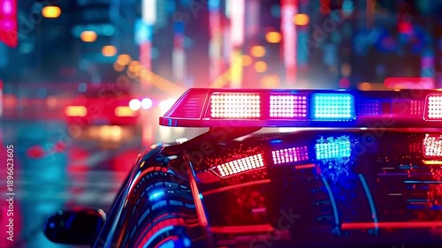 Police car with red and blue emergency lights flashing on a rainy city street at night. The patrol vehicle is responding to a call, with urban traffic and neon lights blurred in the background