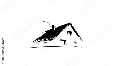 A hand-drawn image of a house with a chimney and smoke, using black brushstrokes