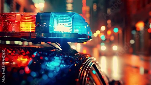 Close up of a police car's emergency lights flashing red, blue, and orange during a rainy night, with city traffic lights creating a blurred bokeh background and reflections on the wet car