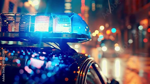 Close up view of a police car's emergency lights flashing red and blue on a rainy night, with city traffic and reflections creating a dramatic bokeh effect on the wet vehicle and street