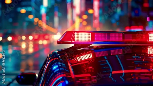 Police car with red and blue emergency lights flashing on a rainy night in a futuristic city, responding to a call with colorful bokeh street lights reflected on the wet asphalt