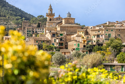 Panoramic view of the mountain village of Valldemossa with church Sant Bartomeu in Serra de Tramuntana mountains, Mallorca, Balearic Islands, Spain