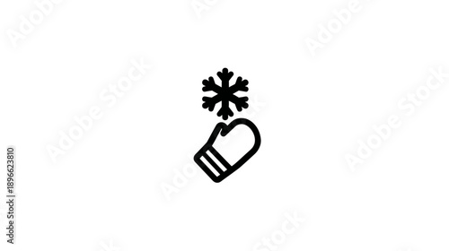 A black and white winter icon of a snowflake falling towards a mitten
