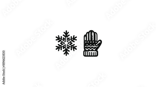 Winter-themed graphic featuring a snowflake and a mitten in black and white against a white background