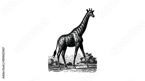 A tall, elegant giraffe stands in profile, its long neck and legs prominent. Monochrome illustration