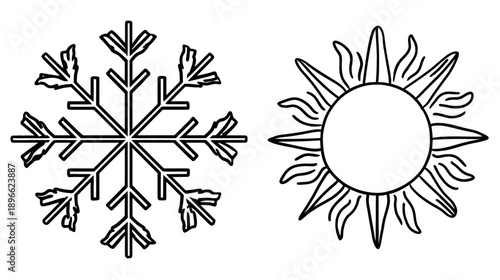 Black and white graphic depicts a snowflake and sun. They are side-by-side with white background
