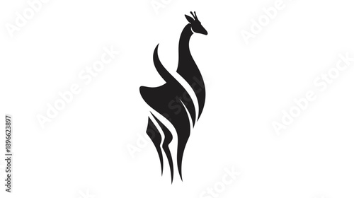 A stylized black illustration of a standing animal with a long neck and flowing abstract design