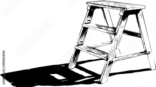 A black and white illustration of a wooden step stool casting a dark shadow on the ground