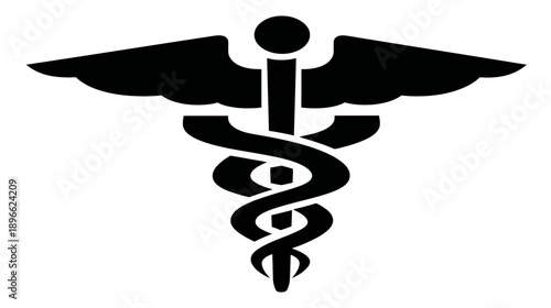 Black graphic of a medical symbol, depicting a staff with wings and entwined snakes
