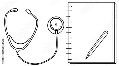 A medical illustration of a stethoscope, notepad with pen, all in clean line art, monochrome style