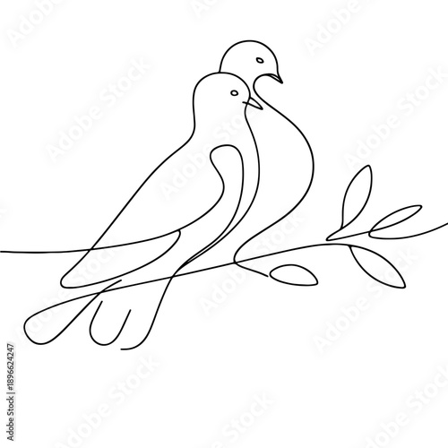 Cuddling pigeons on branch line illustration no background