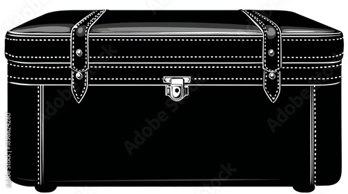 Illustration of a vintage travel trunk, black with white stitching and leather straps, clasp detail