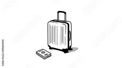 A black and white illustration of a suitcase with an extendable handle and passport
