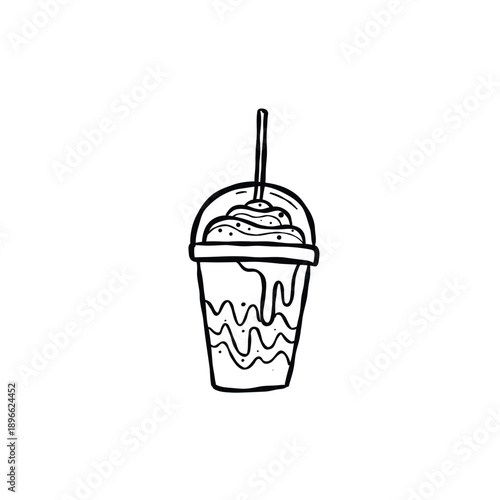 Iced coffee or chocolate drink with frappe foam outline hand drawn doodle illustration on white isolated background