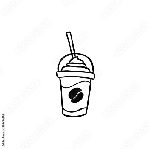 Iced coffee drink inside plastic takeaway cup hand drawn outline doodle illustration on white isolated background