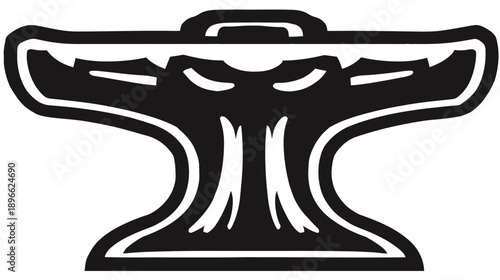 A symmetrical, black and white icon resembling a stylized anvil or hammer, intricate design