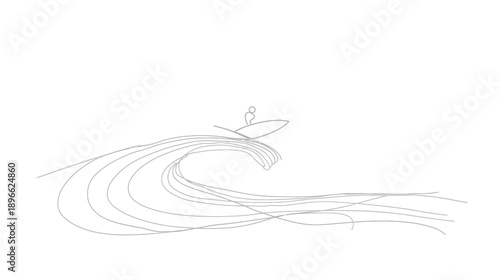 A minimalistic drawing featuring a person on a surfboard riding a wave. Simple, elegant design