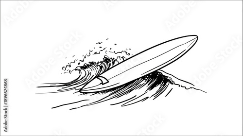 Black and white illustration depicts a surfboard riding a wave. Surfer is not present