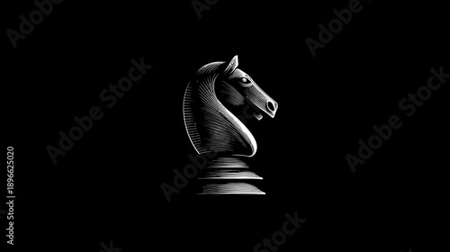 A stark, etched-style illustration of a chess piece knight, rendered in white against a deep black backdrop