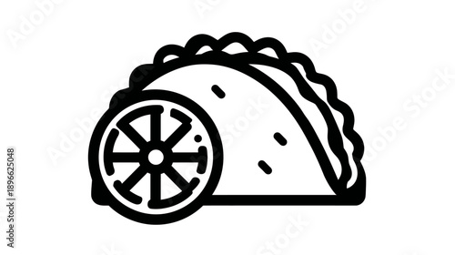 A black and white graphic icon of a taco with a lemon slice next to it, on a white background