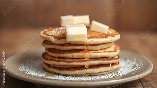 Syrup dripping on a stack of pancakes with butter and powdered sugar on a plate