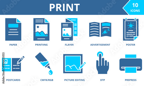 PRINT icon collection set. Containing Paper, printing, Flayer, Advertisement, Poster, Postcards, Cmyk, Picture editing, Dtp, prepress . dual tone vector.