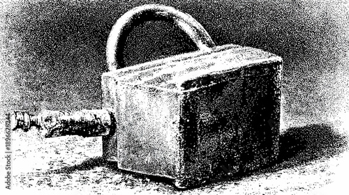 A monochrome illustration of a weathered padlock with a thick, arched handle