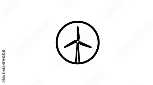 A minimalist wind turbine icon in a black circle on a stark white background