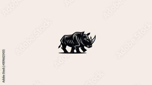 A monochrome illustration of a rhinoceros with a stylized design and bold lines, walking on a cream backdrop