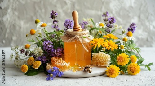 Rustic still life  amber honey jar with honeycomb, flowers, and natural healing elements