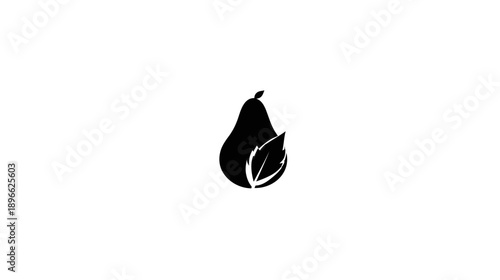 A simple, minimalist black silhouette of a pear with a leaf on a white background
