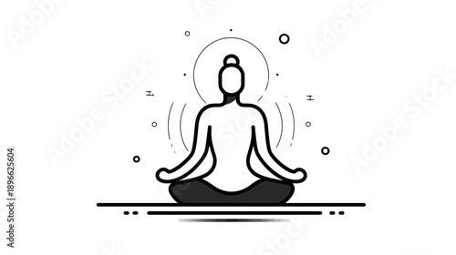 Black and white illustration of a figure in a seated, meditative pose with energy lines